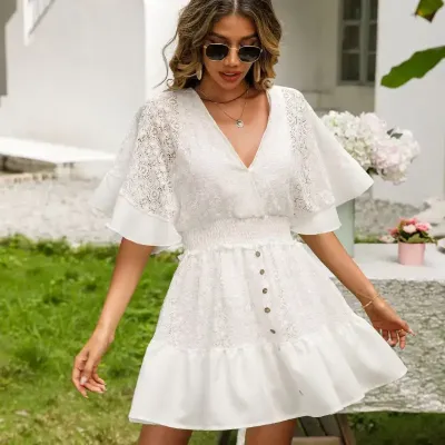 V-NECK BAT SLEEVE SHORT DRESS